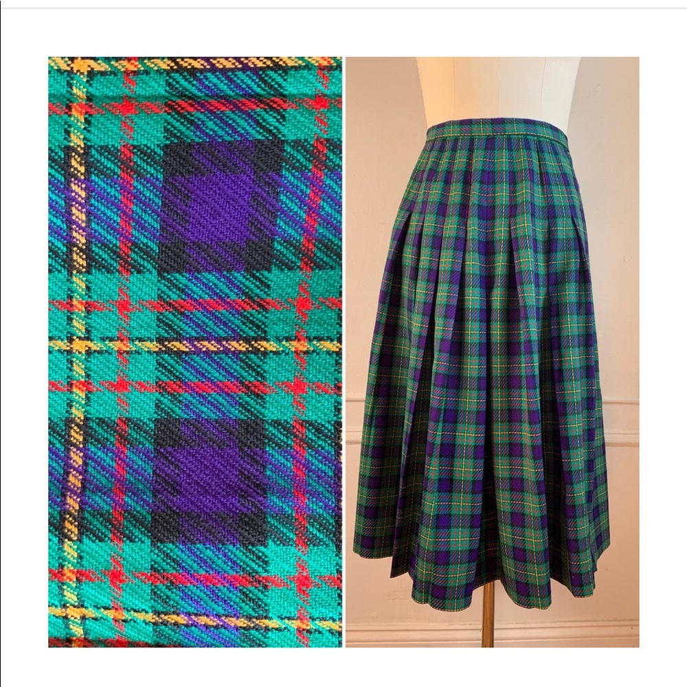 Green Plaid Pleated Vintage Midi Skirt